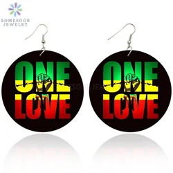 SOMESOOR Double Sides Printing United African Colors Wooden Drop Earrings ONE LOVE Power Fist Black Dangle Jewelry For Women