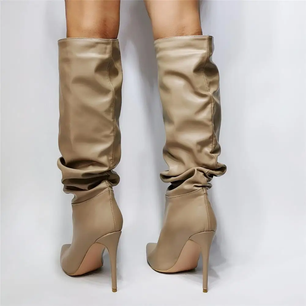 

Women's Khaki Slouchy Knee High Boots Pointed Toe Stiletto Heel Ruched Leather Dress Boots Big Size 47