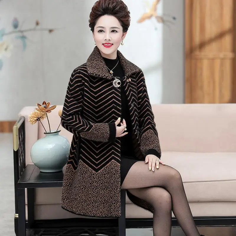 Female Middle-aged Elderly 2021 Autumn Winter New Thick Coat Women\'s Mid-length Western Style Loose Mink Fleece Jacket Women C39