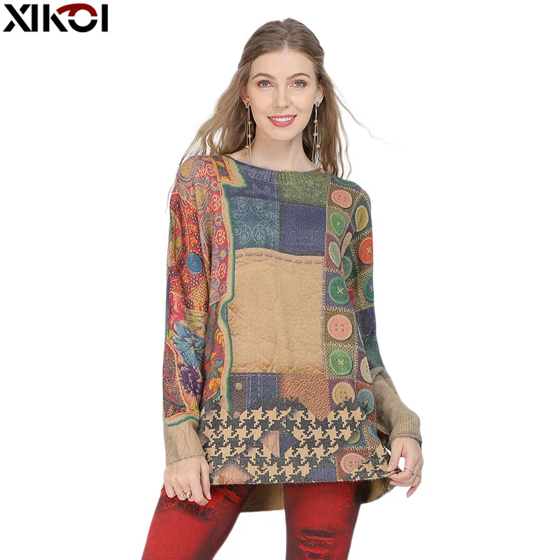 

XIKOI Oversized Women Sweater Top Classic Patchwork Print Knitted Sweater Casual Plus Fashion Pullover For Women Loose Jumper