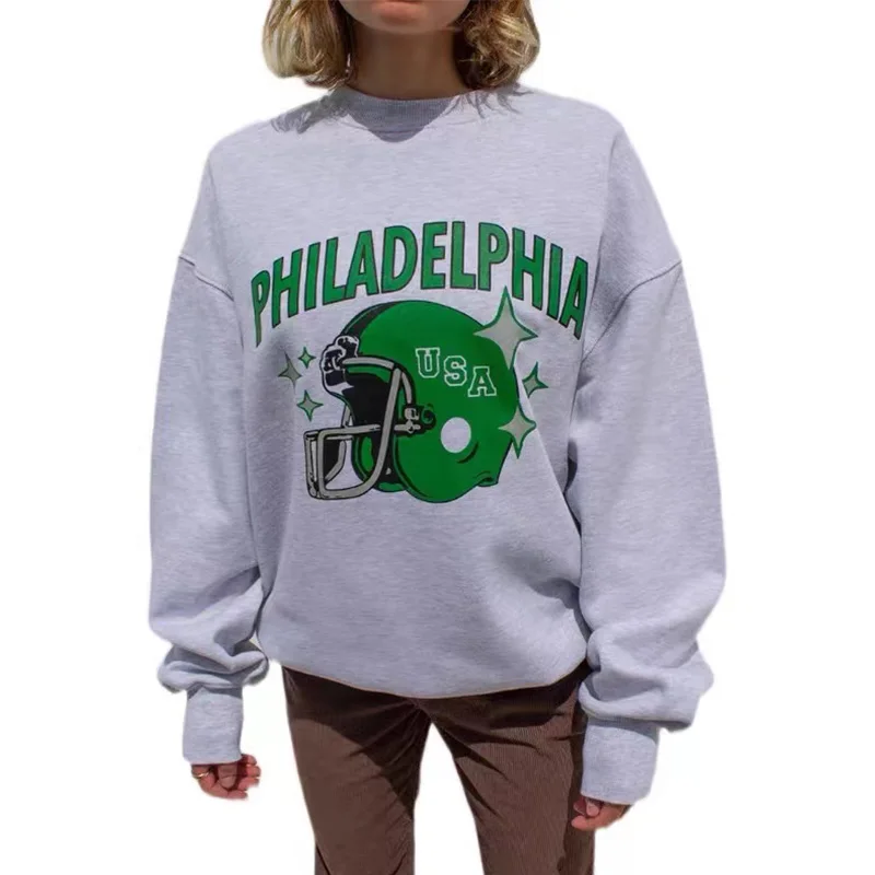 USA Philadelphia Rugby Helm Print 80s 90s Vintage Sweatshirts Women Gray Thick Fleece Autumn Tops Loose Street Fashion Pullover