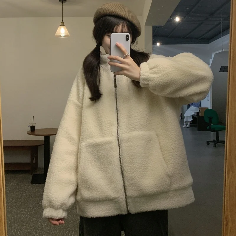 KOSAHIKI 2024 Autumn Winter New Fur Coat Womens Cartoon Bear Embroidery Lamb Wool  Ladies Faux  Jacket Japanese Harajuku