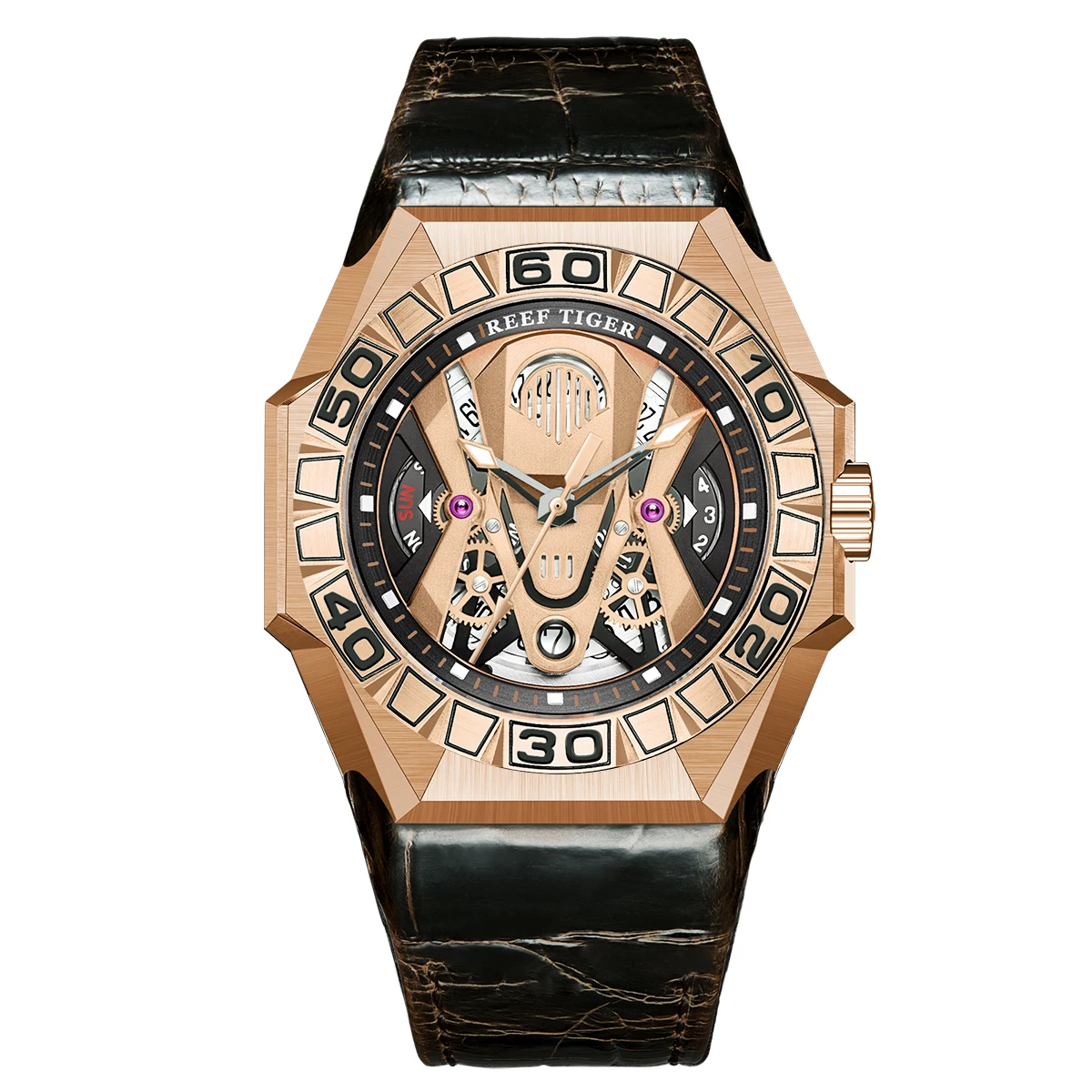 Reef Tiger/RT Men Sport Watches Automatic Mechanical Skeleton Watch Rose Gold Waterproof Leather Strap Relogio Masculino RGA6912