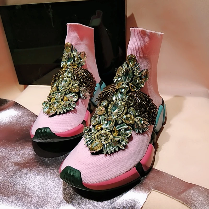 Crystal Sock Sneaker Shoes Women Shoes with Crystals Rhinestone Sock Shoes Fashion Sneakers Women Short Boot Shoes WK85