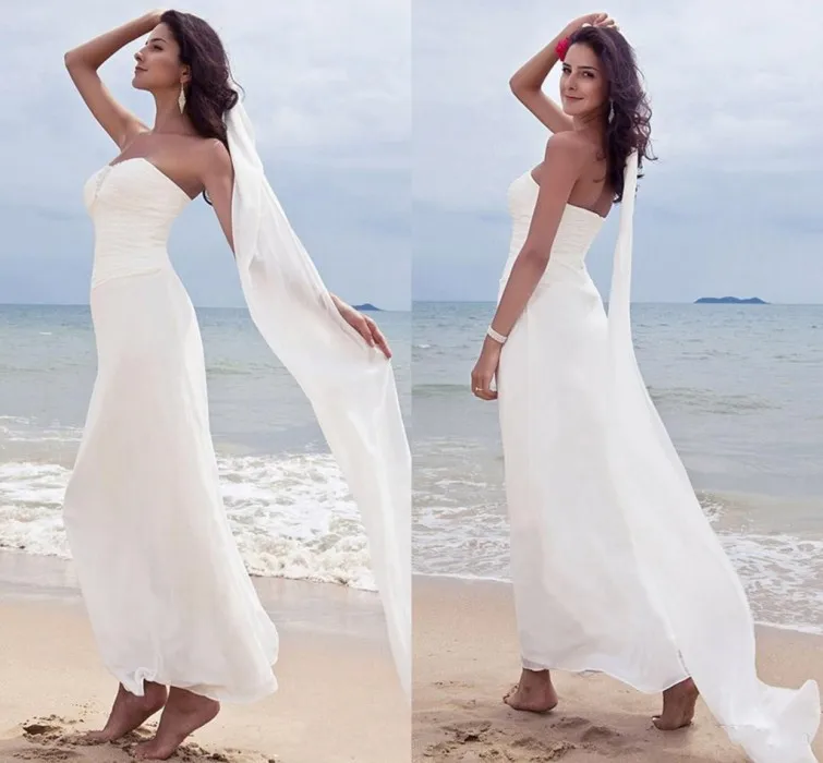 2021 Zomer Chiffon Strand Trouwjurken Sweetheart Kralen Enkellange Geplooide Backless Bruidsjurken Robe De Mariee