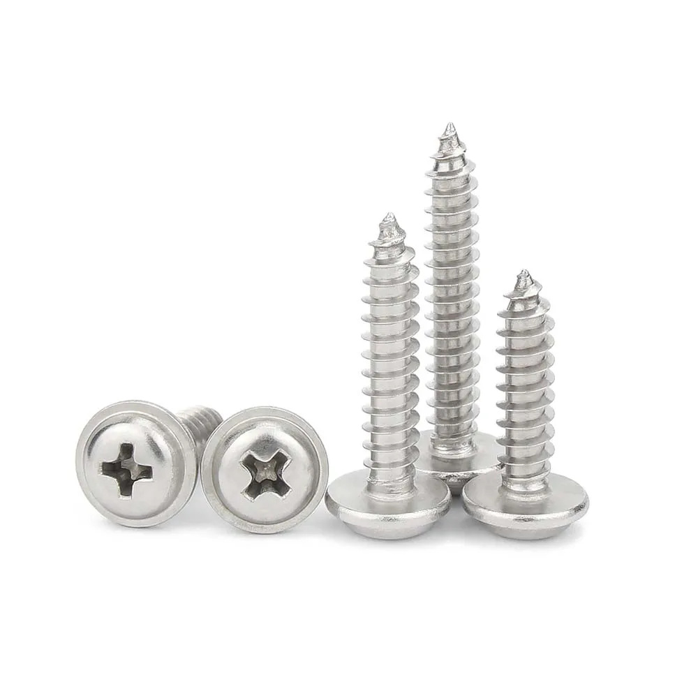 50ps M1.4 M1.7 M2 M2.6 M3 M4 304 Stainless Steel Cross Phillips Pan Round Head With Washer Collar Self Tapping Wood Screw DIN968