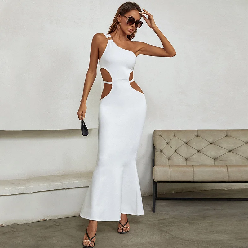 

Rocwickline New Autumn & Winter Women's Dress Sexy & Club Solid Asymmetrical One-Shoulder Sheath Hollow Out Bandage Slim Dress