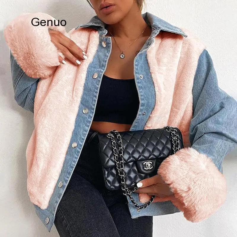 Women Plush Denim Jacket Coat Autumn Winter Casual Adults Long Sleeve Lapel Neck Plush Patchwork Jacket Outerwear Streetwear New