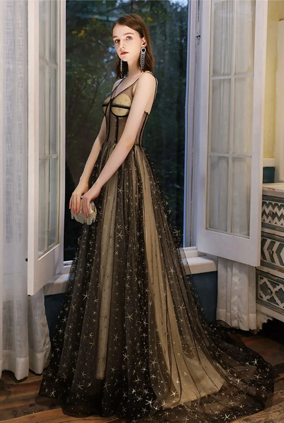 Vintage Gold Black Formal Evening Dresses 2020 Elegant Women Party Night Long Prom Gown A-line Lace-Up Spaghetti Straps Vestidos