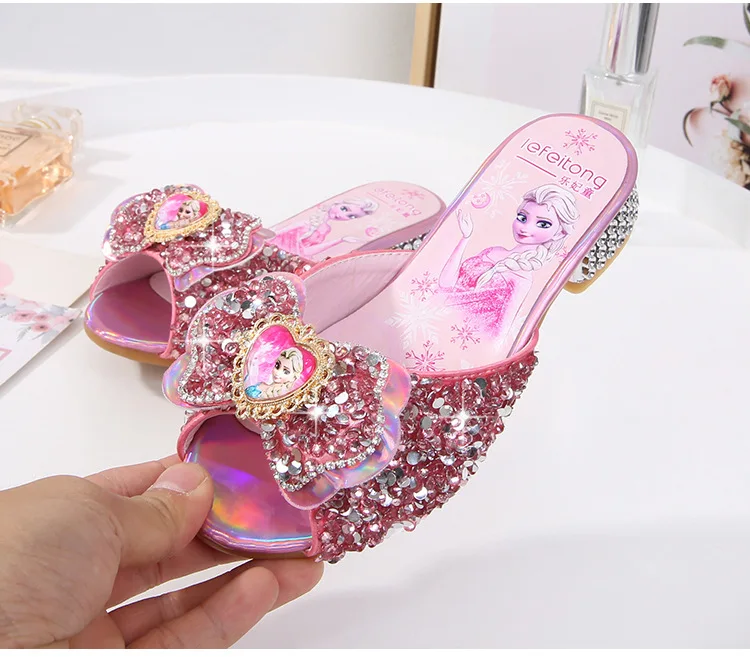 2021 Disney Girls Summer Sandals Slipper Sequined Princesse Children High Heel Party Dress Elsa Shoes Leather Slipper for Girls