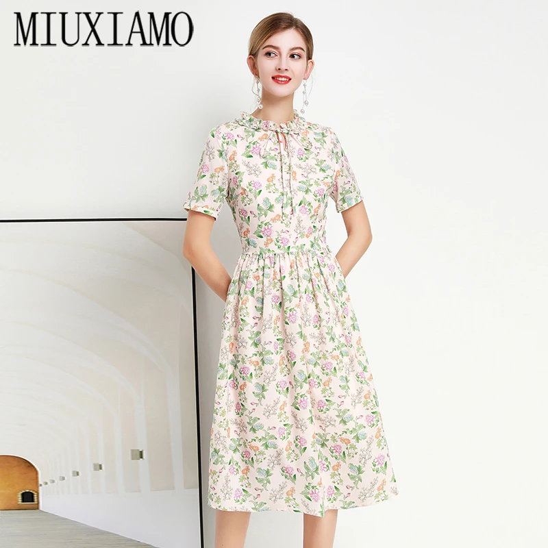 

MIUXIMAO 2023 Summer Dress Runway Design Casual Dress Women Flower Print Short Sleeve Vintage Dress Women vestido