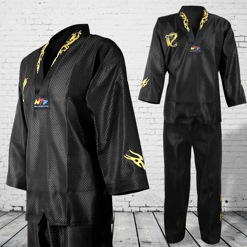 High Quality Taekwondo Uniform Black WT Dobok Tae Kwon Do MMA Martial Arts Karate Suits Embroidered Dragon Pattern