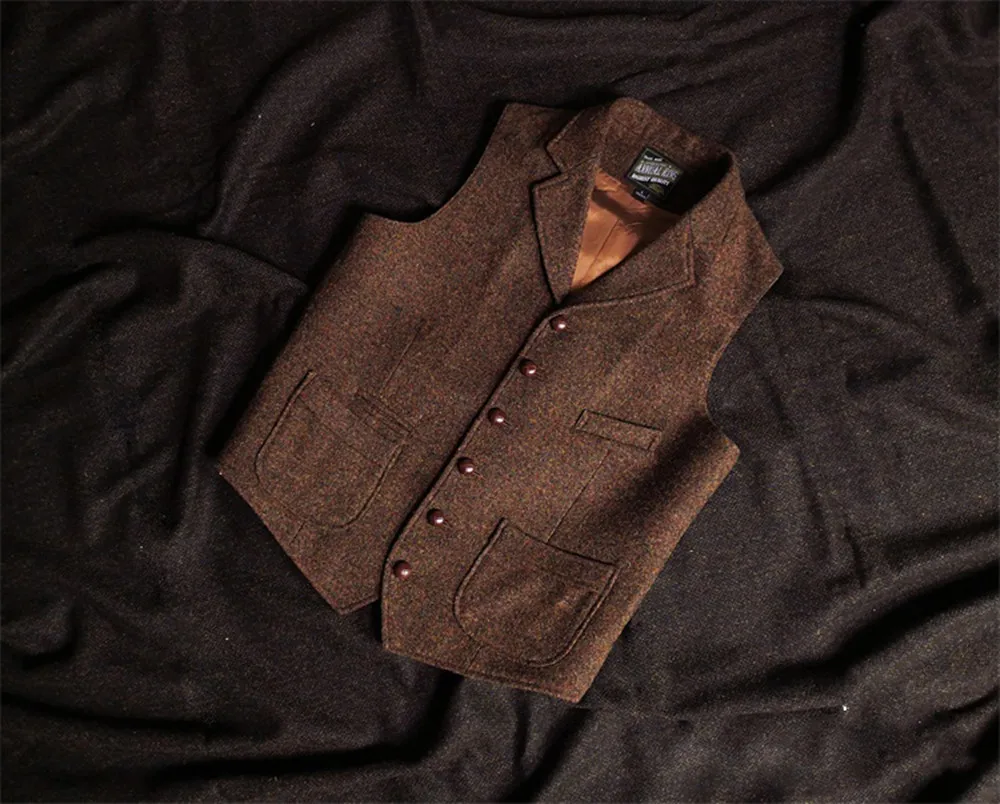 Men\'s Blazer Vest Brown Tweed Suit Sleeveless Jacket Victorian Waistcoat Groom\'s Tight Wedding Dress Vintage Clothes School