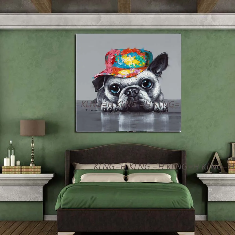 Dogs hand-painted art in modern animal hats  abstract oil painting, canvas knife dog painting decorative art popular animal life