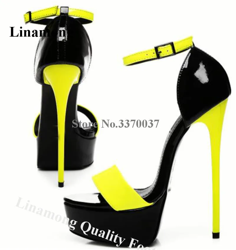 

Linamong/пикантные лоскутные босоножки на высокой платформе с открытым носком на шпильке, желто-черные босоножки из лакированной кожи на высоком каблуке, клубные туфли на каблуке