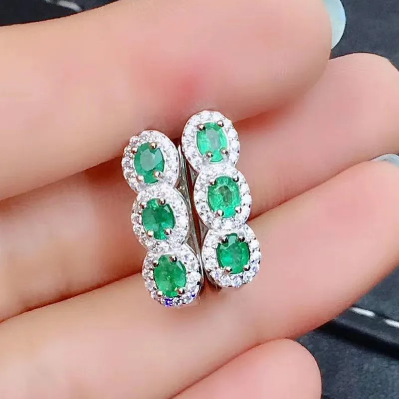 

Fine Jewelry 925 Sterling Silver Natural Emerald Earrings Trendy Girl New Ear Studs Support Test Hot Selling