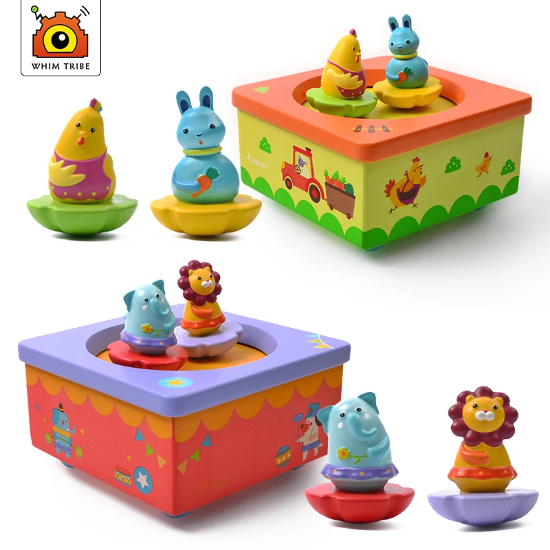 Children\'s creative rotating animal music box baby lullaby wooden Christmas gift educational musical learning toys for children