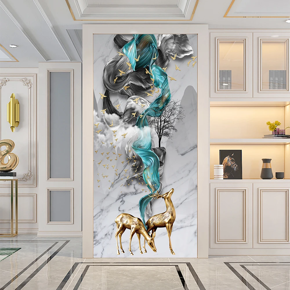 Chinese Style Fantasy Elk DIY Door Sticker Home Decoration Porch living Room Art Mural Peel & Stick Waterpoof Vinly Wall Sticker