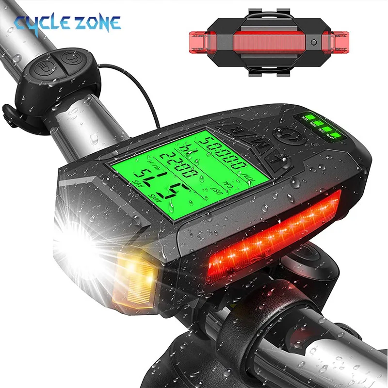 Bike Light Set USB Rechargeable Super Bright Front Headlight 5 Modes with Speedometer Calorie Counter and Rear LED Bicycle Light