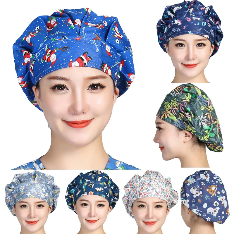 Christmas Scrubs Hats Printed Cotton Sweatband Bouffant Caps Adjustable Washable Printed Work Wear Beauty Salon Working Caps