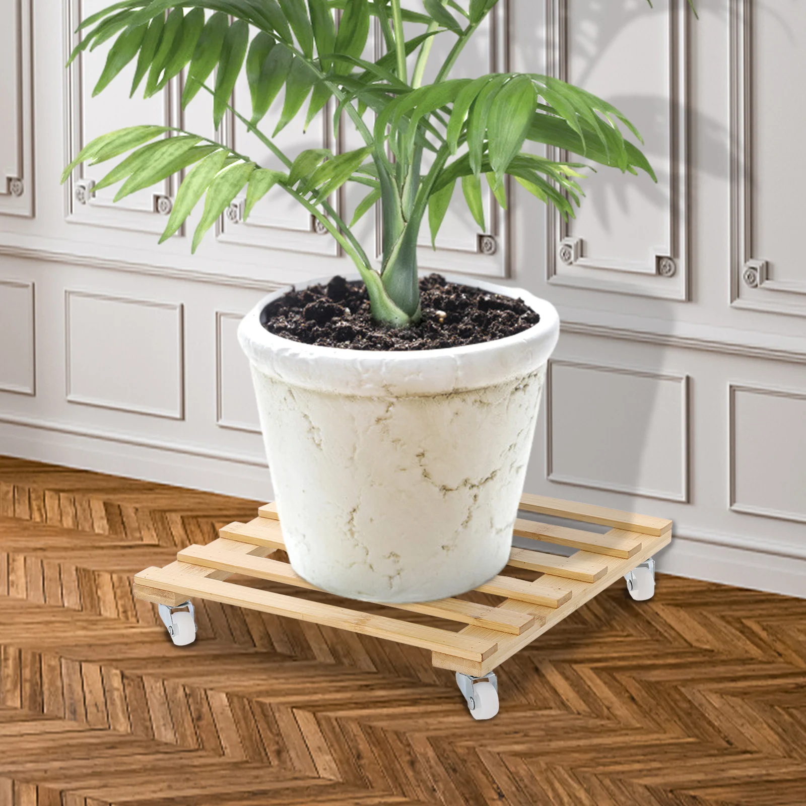 

Nordic Wooden Planter Pot Tray Bamboo Plant Stand with Wheels Rolling Tray Heavy Duty Flower Pot Mover Roller for Patio Outdoor