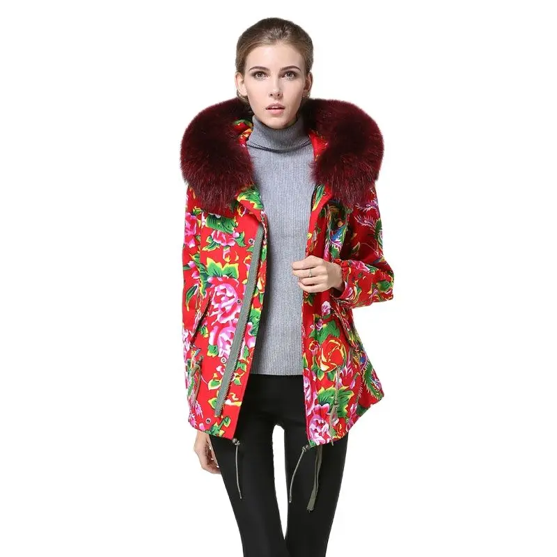 

Chinese Traditional Style Dragon And Phoenix Pattern Jacket Women Spring&Autumn Trench Coat With Raccoon Fur Collar