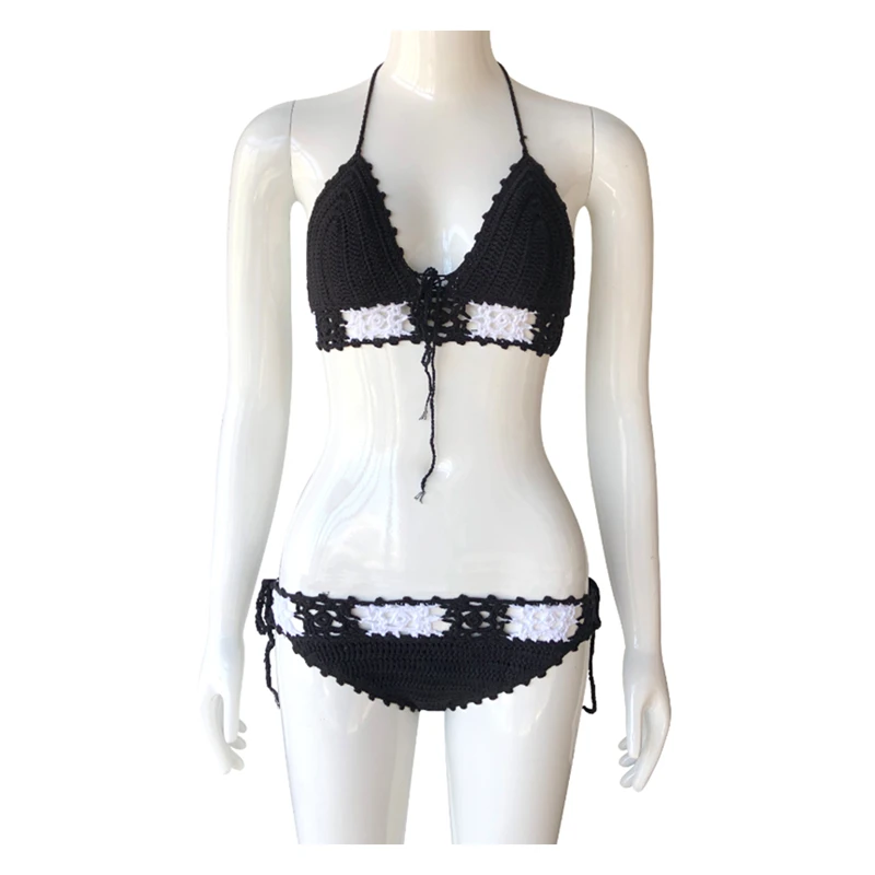 

Womens Handmade Crochet Bikini Set High Quality Triangle Swimswear Sexy Halter And Lacing-up Bathing Suit Black Swimsuit
