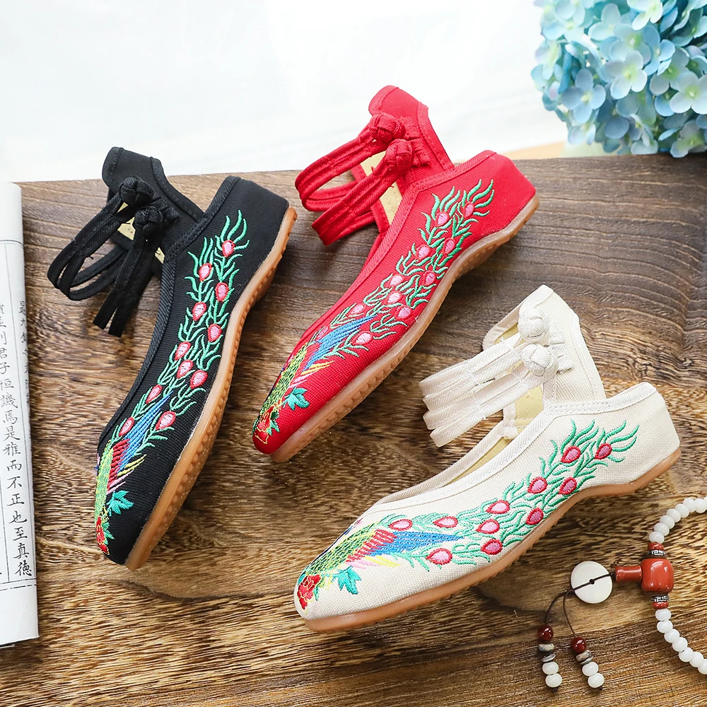 Veowalk Handmade Woman Slingbacks Flats Vintage Chinese Peacock Embroidered Cotton Backless Shoes Summer Comfortable