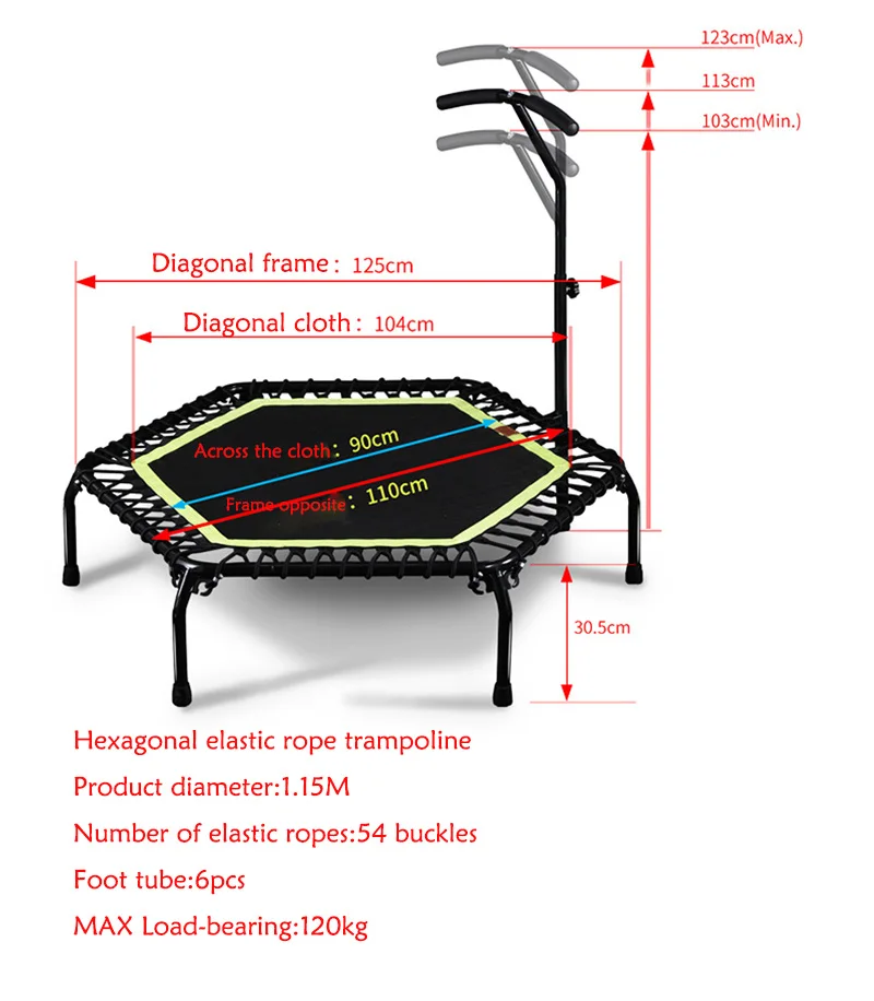 Trampoline with Adjustable Handrail for Indoor GYM Jump Sports Adults Kids Safety,45inch Hexagonal Muted Fitness