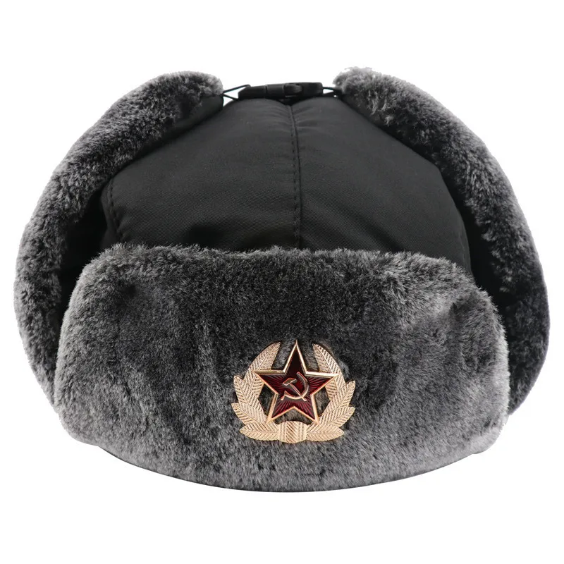 Warm Soviet Badge Lei Feng Hats Men\'s Russian Army Ushanka Bomber Hat Outdoor Plus Velvet Thicken Caps Faux Rabbit Fur Earflap