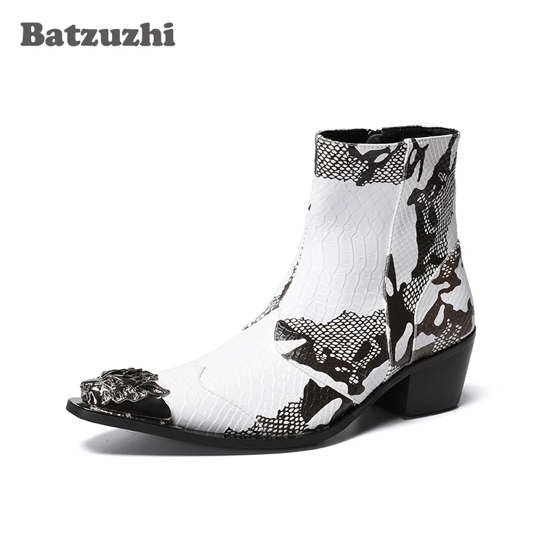 

Batzuzhi 6.5CM High Heel Botas Hombre Men Boots Iron Toe Black White Men Genuine Leather Boots Men Ankle Party and Wedding Botas