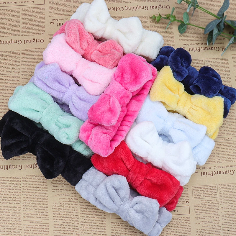 Soft Bow Spa Flannel Cosmetic Headbands Soft Color Fluffy Bowknot Elastic Hair Band Hairlace for Women Shower Makeup Headbands