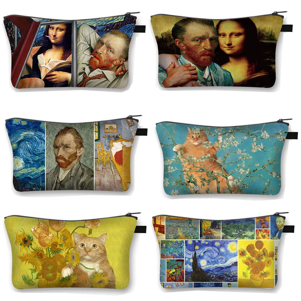 

Funny Van Gogh Cosmetic Bag Mona Lisa Women Makeup Bag Organizer Lipstick cosmetic Case Zipper Pouch Toiletries Bag Gift