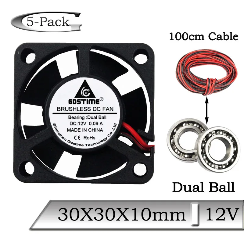 

5Pcs Gdstime DC 12V 30x30x10mm 30mm Dual Ball Brushless 100cm Cable Heatsink Cooling Fan 3010B 3cm Mini 3D Printer Cooler