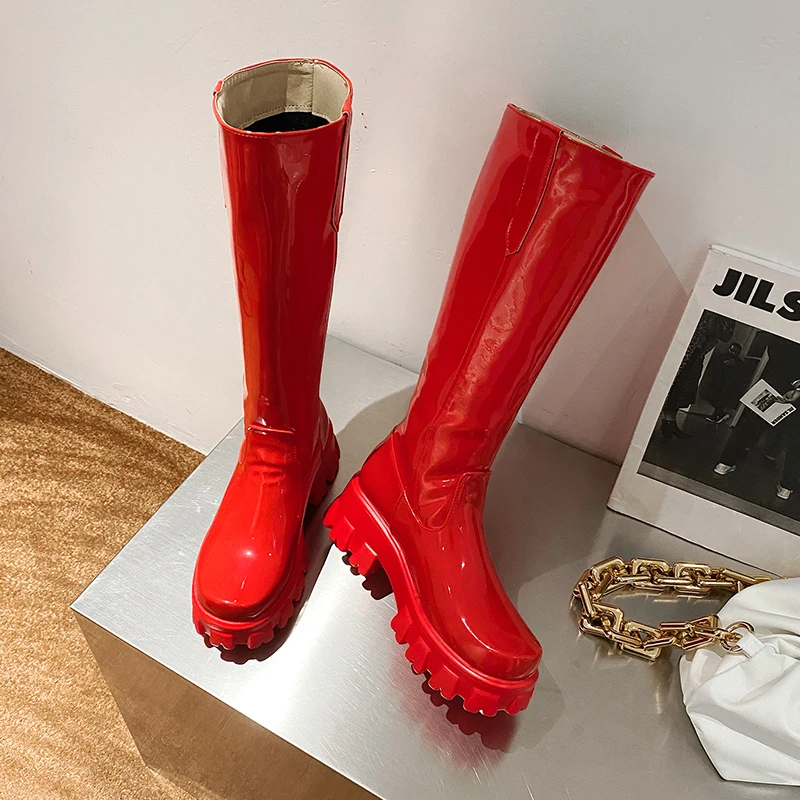 New Winter Women Knee High Boots Wedges High Heels Platform Lace up Long Boots Plush Inside Warm Fur Shoes Motorcycle Boots