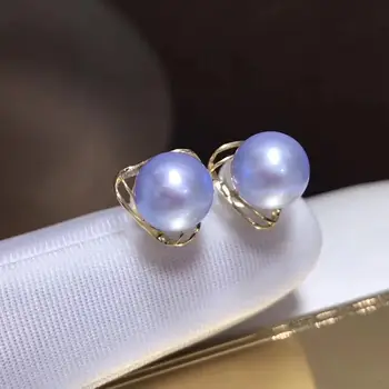 Fine jewelry pure 18K gold 1029 natural fresh water blue pearl 8-7mm stud earrings for women beautiful pearl earrings