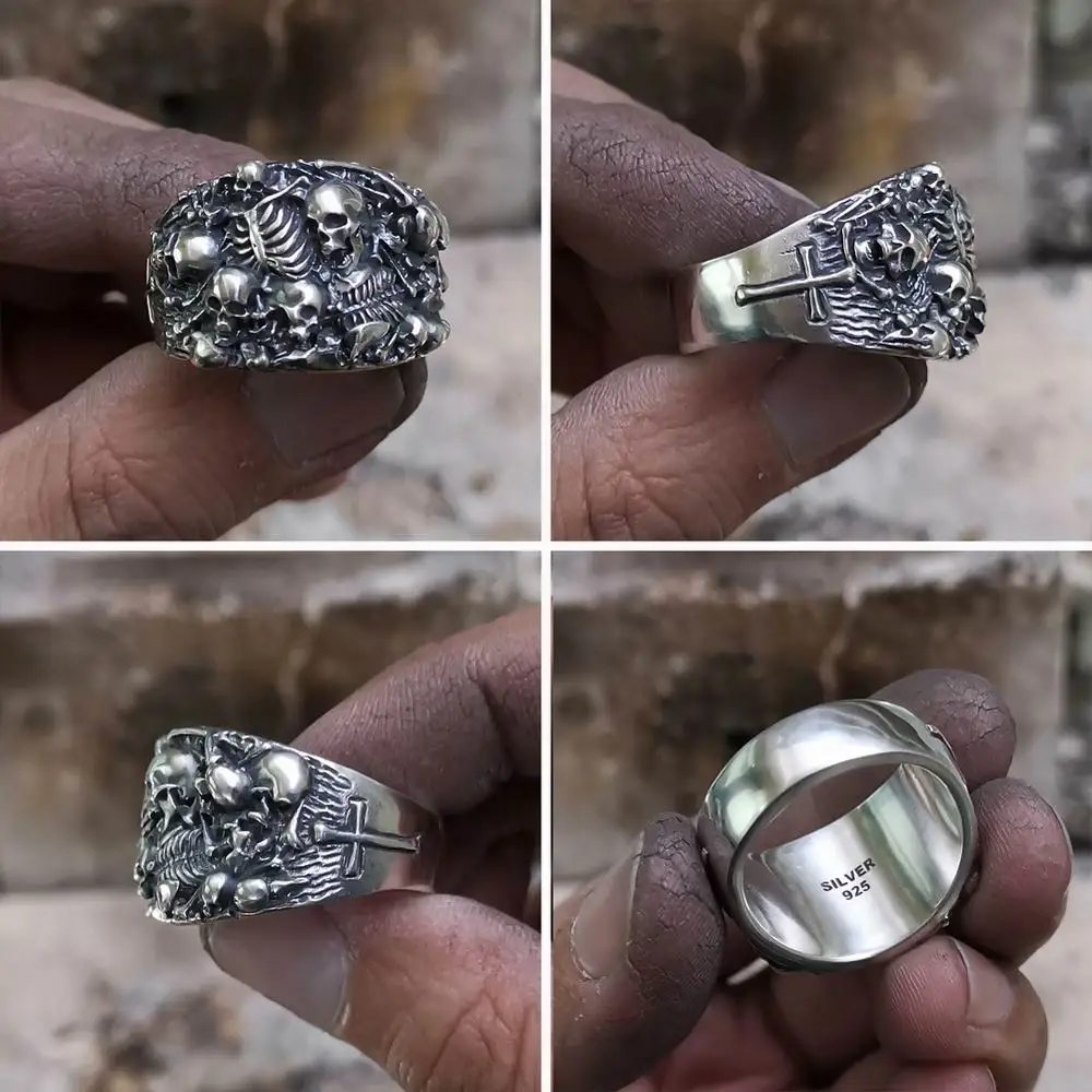 925 Sterling Silver Skulls Grave Ring Mens Biker Rock Punk Ring TA257 US Size 7 to 15 BZ
