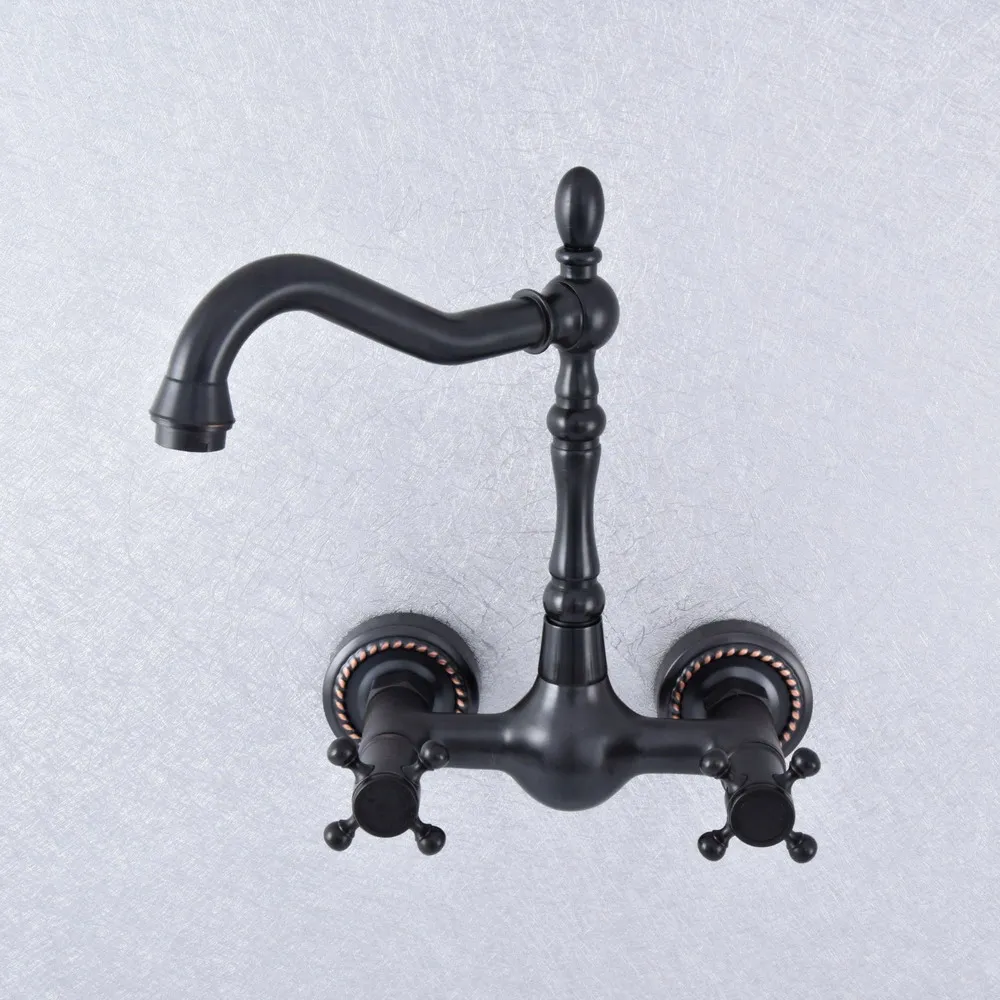 

Black Oil Rubbed Bronze Brass Wall Mounted Dual Cross Handles Kitchen Bathroom Vessel Sink Faucet Mixer Taps asf727