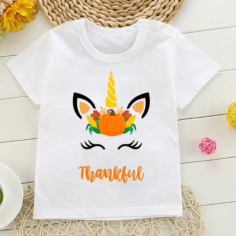 

Kawaii Unicorn Face Thanksgiving Day T Shirt Kids Clothes Girl T-Shirt Harajuku Short Sleeve T-Shirts Tees Top Streetwear