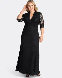 Black V-Neck Ankle-Length Lace Evening Dress For Mother