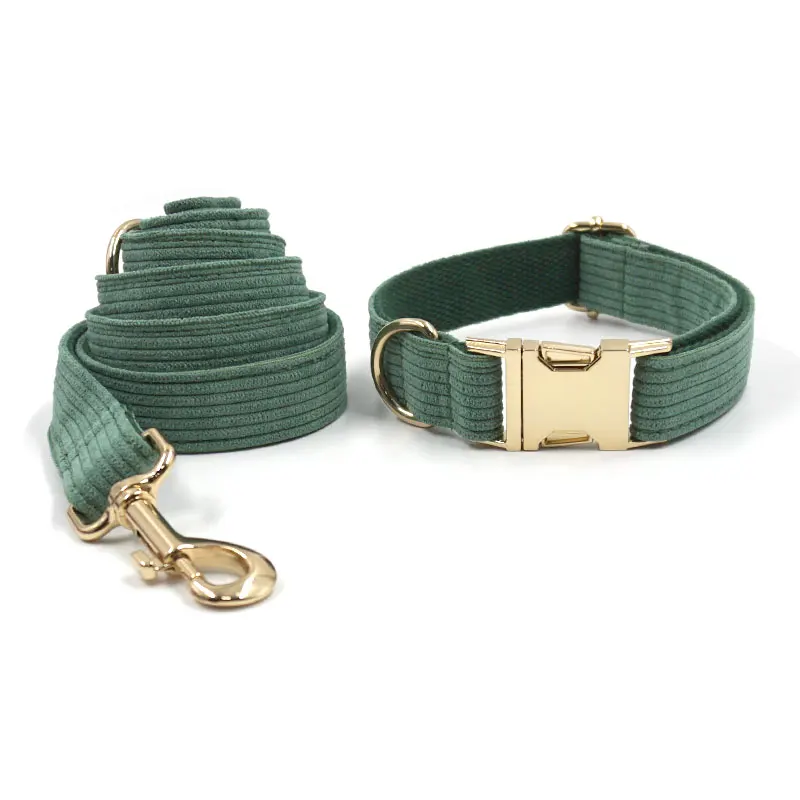 Dark Green Personalized Dog Harness Set Designer Gold Buckle Pet Bow Collar Leash Poop Bag Gift for Puppy Male Dog Accessories