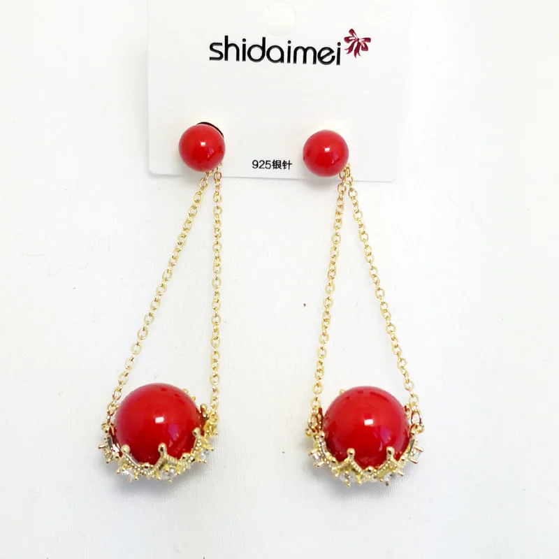 

Gold Stud Earrings Coral Red Pearls Zircons Drop Earring for Women Fashion Dangle Ear Ornament Jewelry Accessories 2022