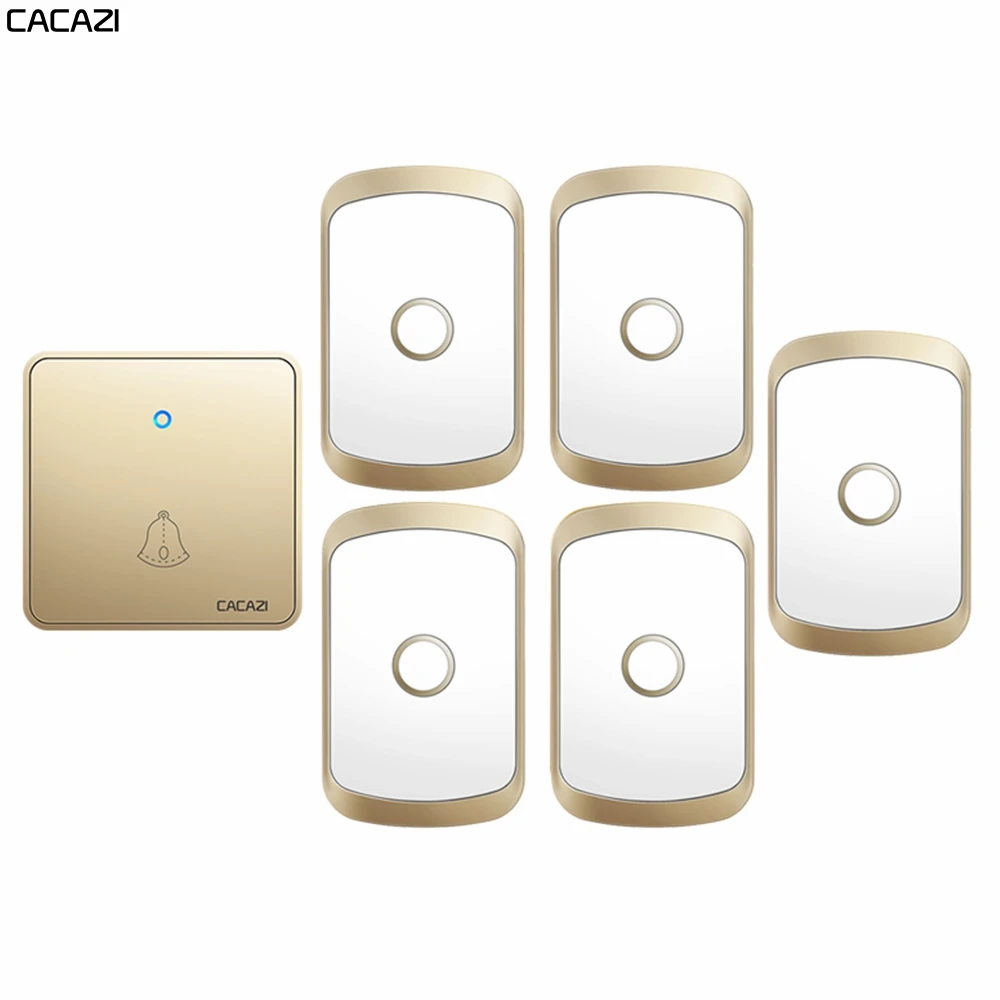 

CACAZI Home Wireless Doorbell 300M Remote CR2032 Battery Waterproof 1 Transmitter 5 Receiver 60 Ring 0-110DB Chime US EU UK Plug