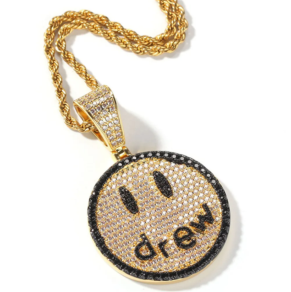 Hip-hop Trend Drew Smile Face Pendant Necklace High Quality Micro Inlaid Zircon Street Personality Fashion Jewelry