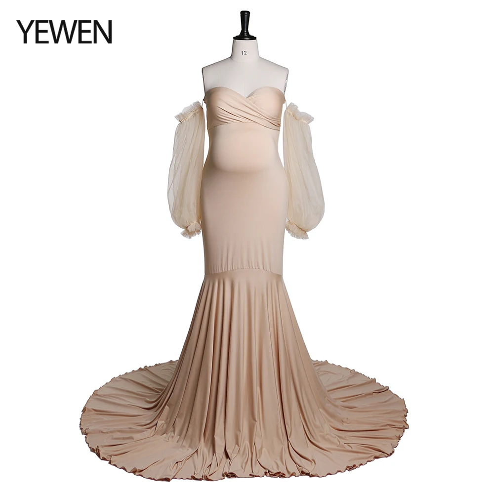 

Tulle Full Sleeves Stretchy Fabric Mermaid Maternity Dress for Photo Shoot Maternity Gown Bridesmaid Dress Gown YeWen YW21009