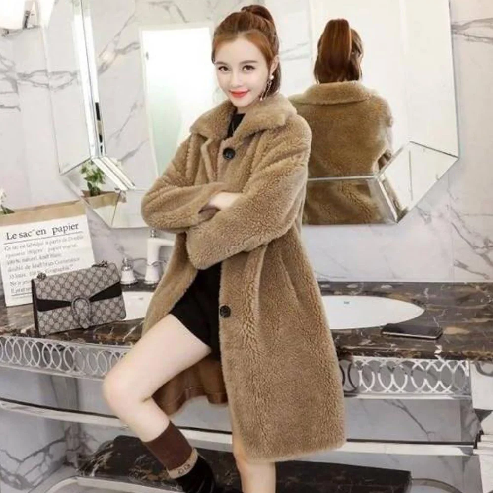 Frauen Wolle Mantel Herbst Winter Neue Slim Verdicken Wolle Nachahmung Pelzmantel Mode Elegante Nachahmung Pelzmantel Turn-unten Kragen