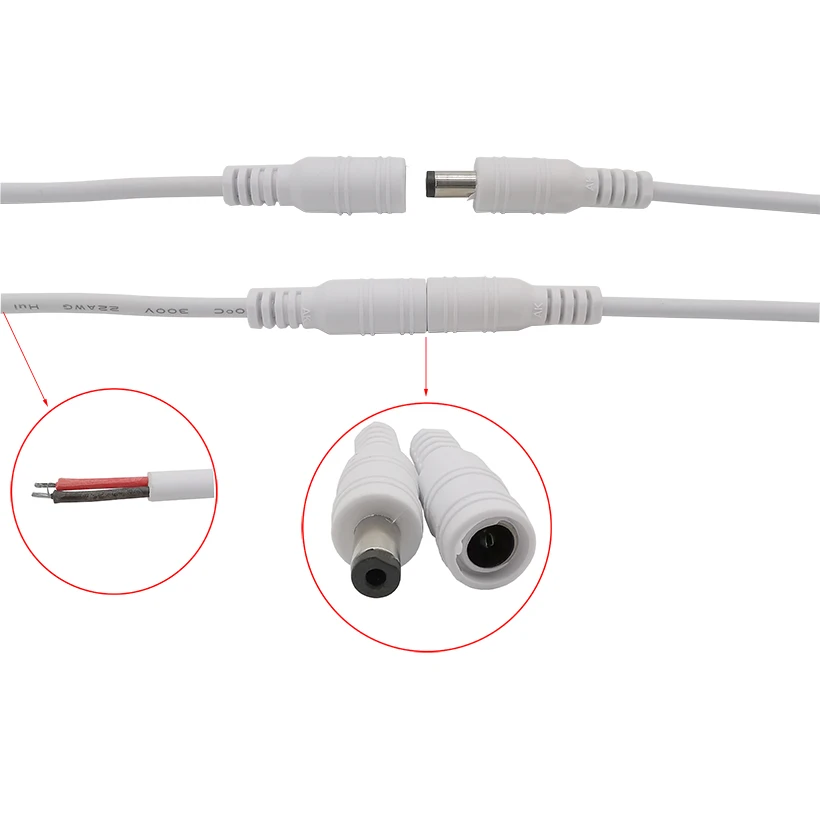 White 5.5 x 2.1mm DC Power Male Female Plug Cable Connector DC Jack Adapter for CCTV Single Color 3528 5050 LED Tape Light