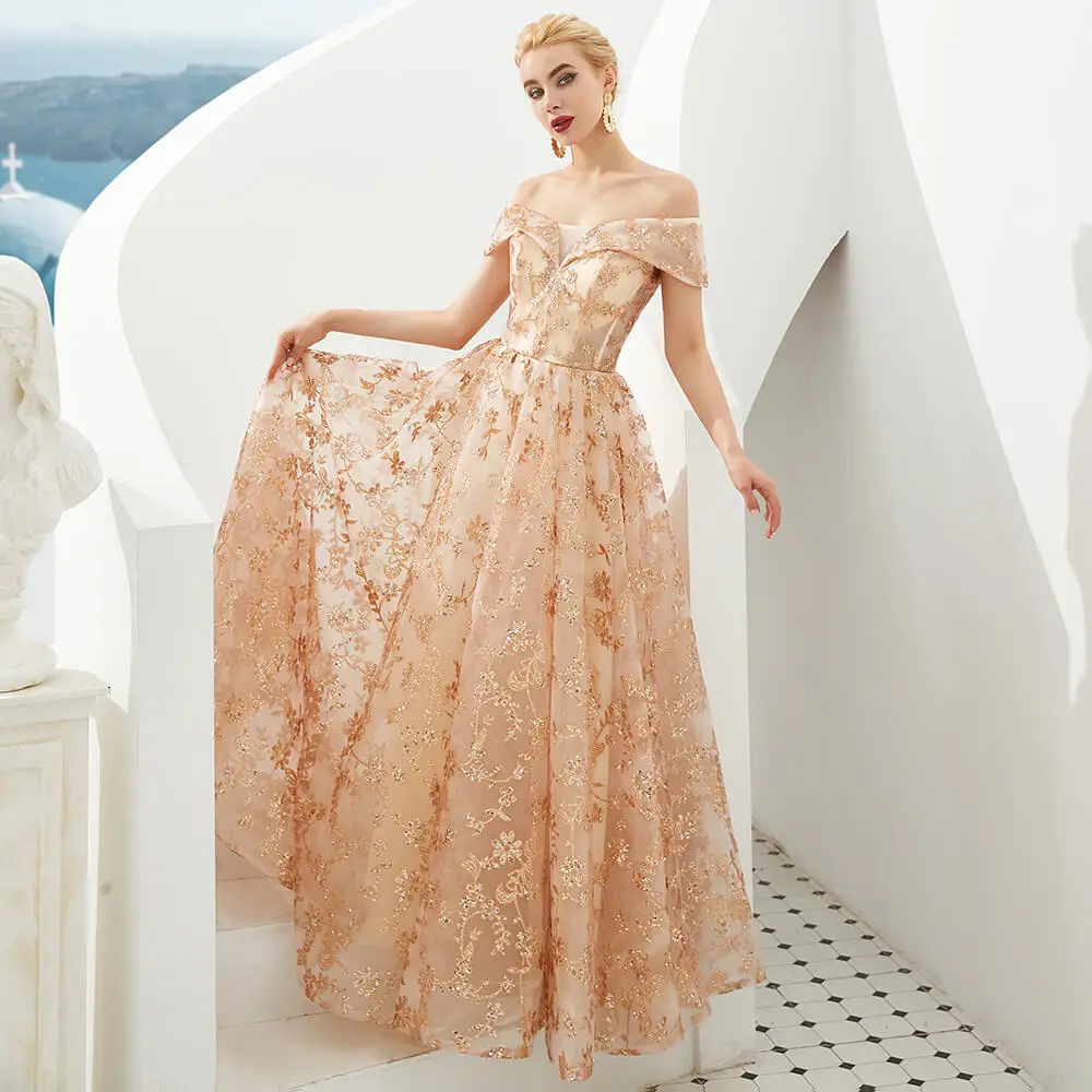 Elegante abito da sera lungo in pizzo con scollo a v allacciato dietro la spalla oro rosa 2020 nuovi abiti da ballo da sera Robe de Soiree Longue