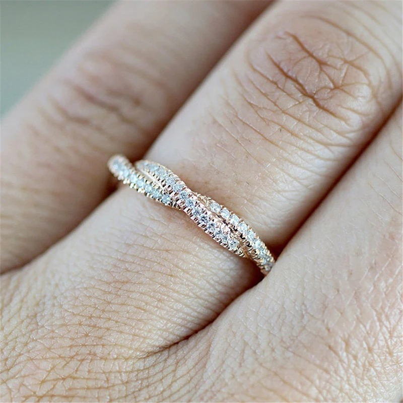 Fashion Rose-Gold-Color Ring Twist Vintage Cubic Zircon Wedding Engagement Ring for Woman Girls Gift