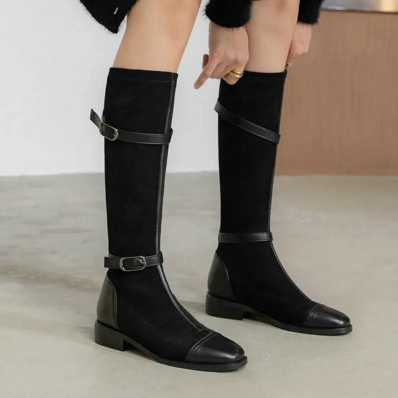 

Women Faux Suede Knee High Boots Nice Slip On Buckle Motorcycle Boots Comfort Thick Heel Autumn Winter Square Toe Lady Shoes
